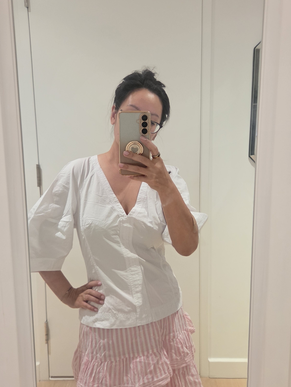 Madewell White V-Neck Puff Sleeve Blouse